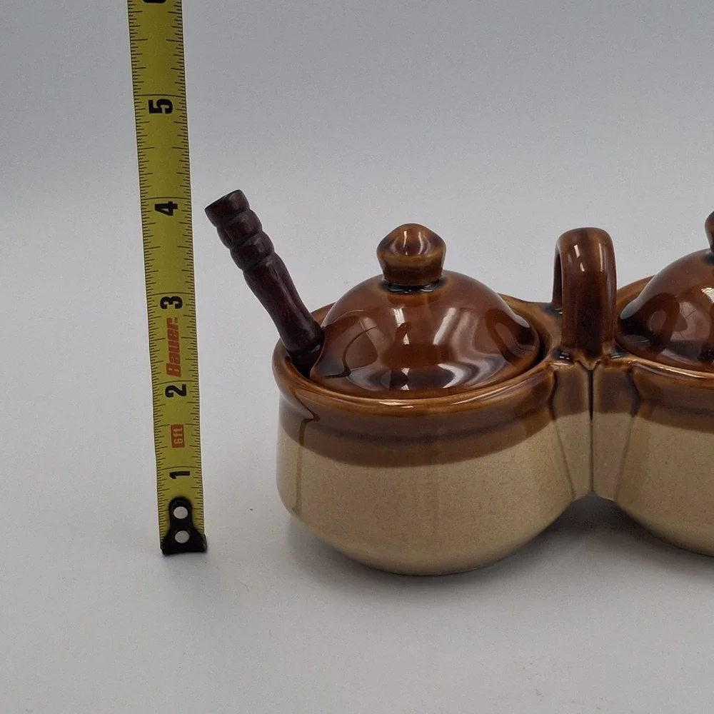 Vintage Stoneware Double Condiment Server Brown Tan Glaze Lidded Caddy w/ Spoons